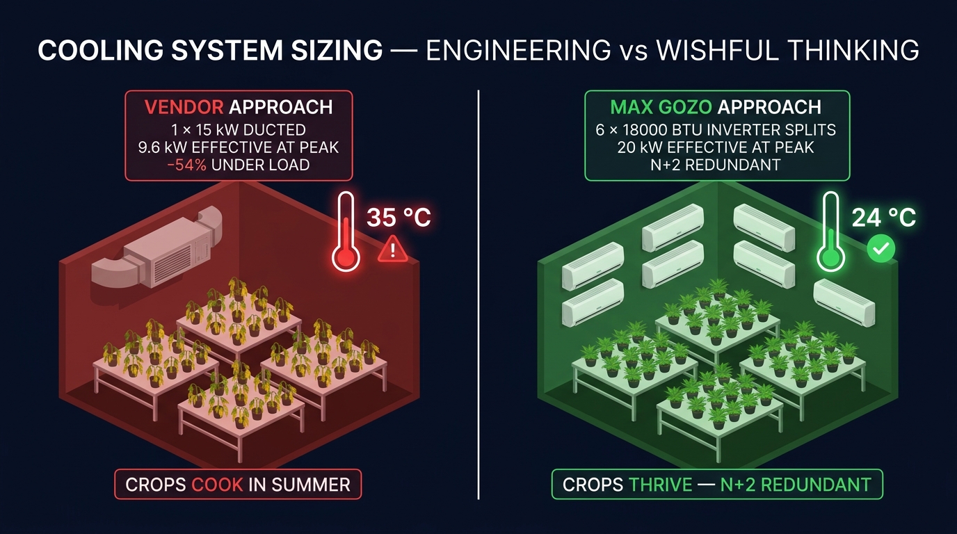 HVAC sizing comparison — vendor 9.6 kW effective vs Max Gozo 20 kW correctly sized