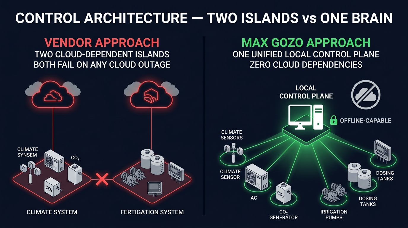 Control architecture comparison — two cloud islands vs one unified local control plane