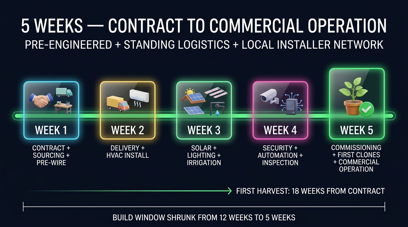 5-week build timeline — contract to commercial operation