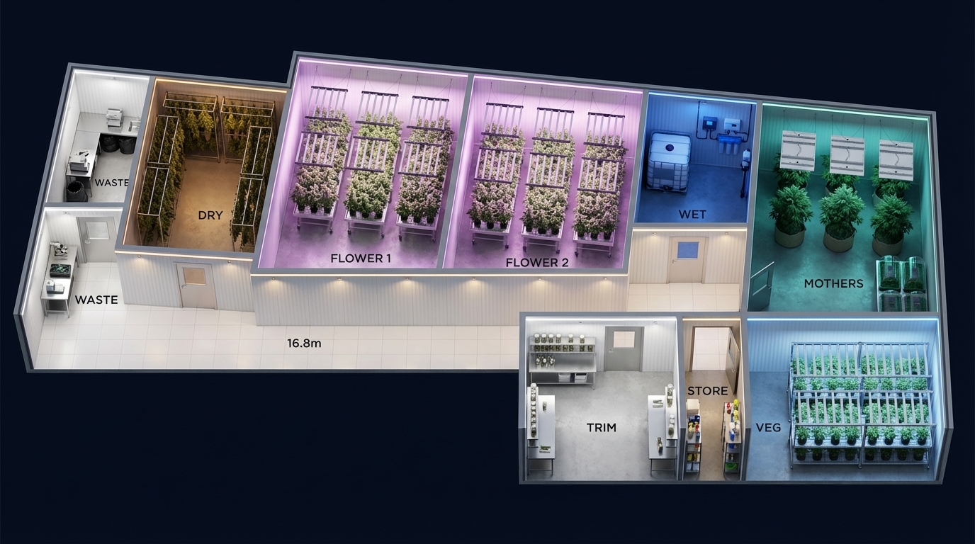 Isometric architectural rendering of the Cultiva medical cannabis cultivation facility on the island of Malta — 10 rooms, 32.4 m² flowering canopy, 15 kWp rooftop solar, 5-week build