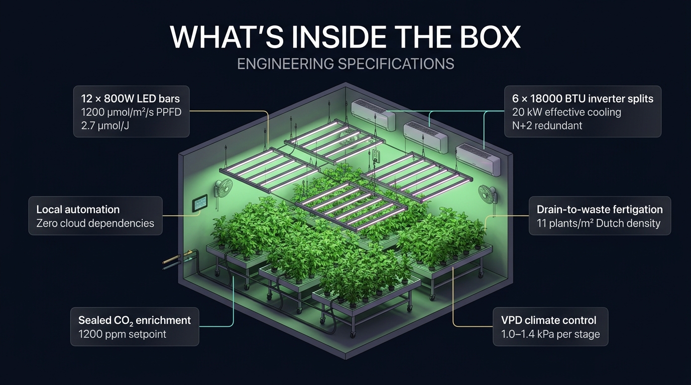 Technical specifications hero — exploded 3D cutaway of a flowering room with all equipment labelled