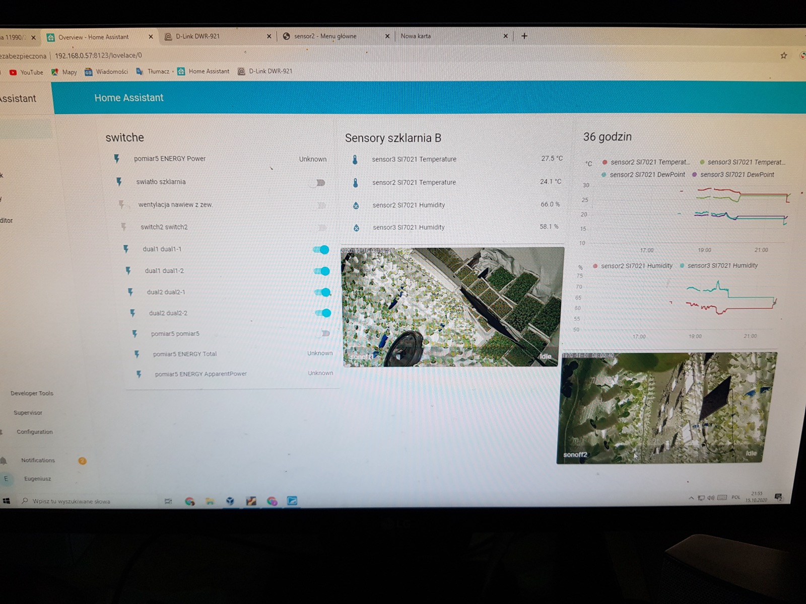 Home Assistant dashboard running live in production with sensor graphs and embedded camera feeds
